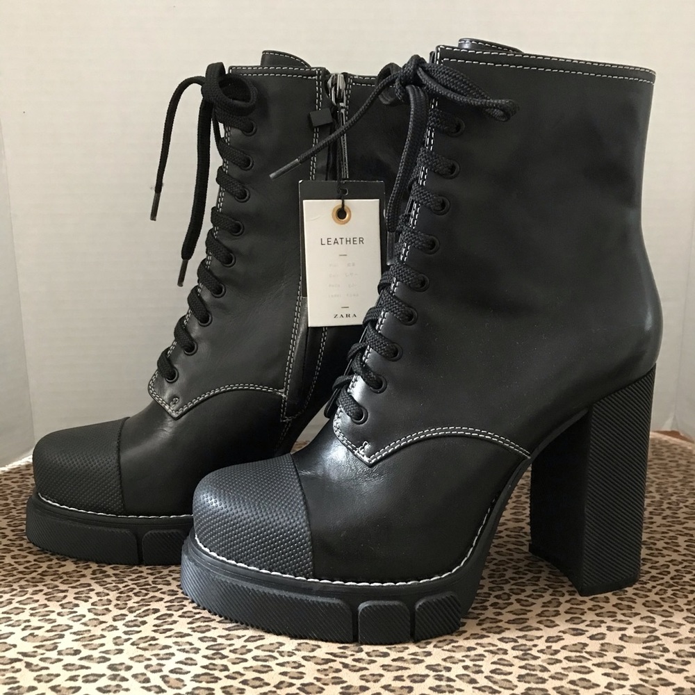 Zara Leather High Heel Ankle Boots Lug Soles Black - Picture 5 of 10